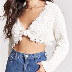 Cropped Frayed Hem Tie Front Sweater